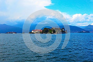 Landscape, view with Isola Bella, Island on Maggiore lake, alps, Stresa, Italy