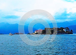 Landscape, view with Isola Bella, Island on Maggiore lake, alps, Stresa, Italy