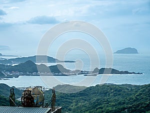 Landscape view of Jiufen village, mountains and sea view form viewpoint