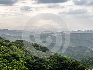 Landscape view of Jiufen village, mountains and sea view form viewpoint