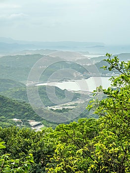 Landscape view of Jiufen village, mountains and sea for viewpoint in Taiwan photo