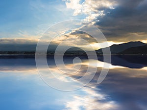 landscape view from kawaguchi lake with cloudy sky and fuji mountain background (soft focus) from japan