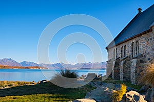 Landscape view of Lake Tekapo with Church of good shepherd