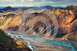 Landscape view of Landmannalaugar colorful volcanic mountains and river, Iceland