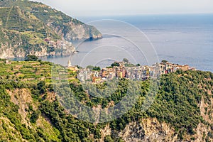 Landscape view of Ligurian sea side and Corniglia village at Cinque Terre, Italy