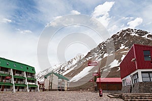 Los Penitentes ski center with Andes snowy mountains behind, and no people. Mendoza, Argentina photo