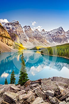 Landscape view of Moraine lake in Canadian Rocky Mountains