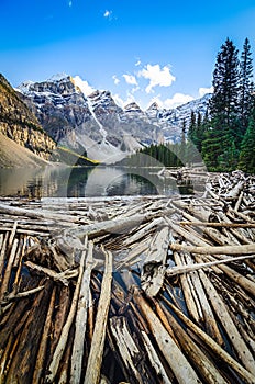 Landscape view of Moraine lake and mountais in Canadian Rockies