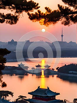 Landscape view of morden and Castle and red wooden bridge