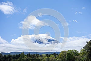 landscape view of mount Fuji enshrouded in cloud with clear blue sky