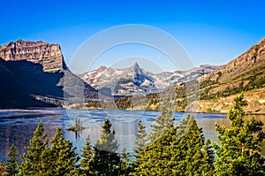 Landscape view of mountain range in Glacier NP, Montana, USA photo