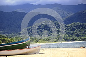 Landscape View of Mountains and Sea with Boats in the Foreground