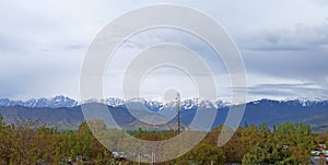 Landscape view of mountains and village