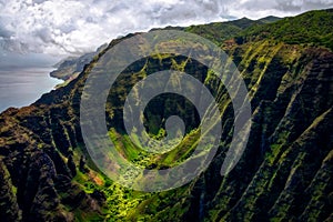 Landscape view of Na Pali coastline cliffs in dramatic style, Kauai, Hawaii