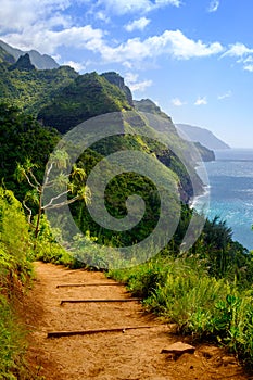 Landscape view of Na Pali coastline and Kalalau trail, Kauai