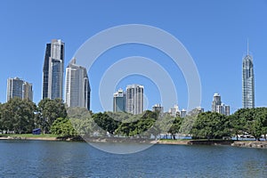 Landscape view of Nerang river against Surfers Paradise skyline Queensland Australia