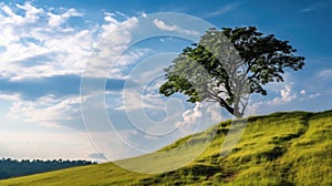 Landscape view of one big tree on the top of the hill with green grass on a hillside with blue sky and clouds in the background.