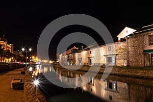 Landscape view of Otaru canals and warehouse at night in Hokkaido Japan