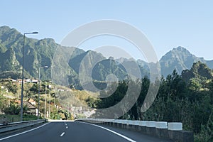 Landscape view over a highway road with mountains, in Madeira