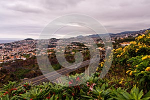 Landscape view over Madeira coast, shot from botanical garden, Funchal, Portugal