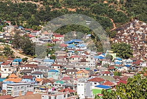 Landscape view over Tachileik community myanmar between border thai - myanmar from Wat Prathat Doi Wao temple view point at Maes