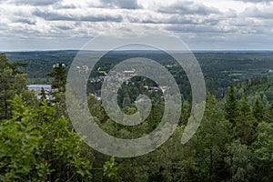 Landscape view over town of Taberg from Taberg Topp in Sweden