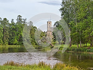 Landscape with a view of the pond and the palace.