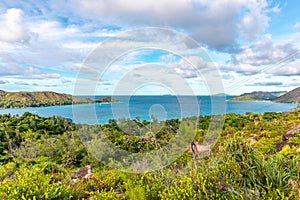 Landscape view of Praslin Island, Seychelles, seen from Zimbabwe Point Grand Fond.