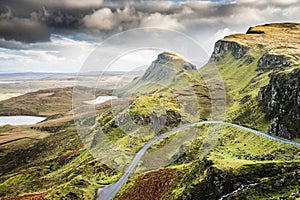 Landscape view of Quiraing mountains on Isle of Skye, Scottish h