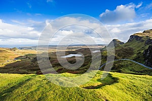 Landscape view of Quiraing mountains on Isle of Skye, Scottish h