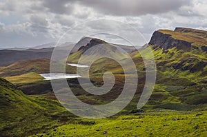 Landscape view of Quiraing mountains on Isle of Skye, Scottish highlands