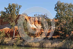 Landscape view of the red banded cliffs on the banks of the Murray River near Mildura in Victoria, Australia