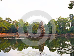 Landscape view with reflection of Neak Pean or Neak Poan in Angkor Wat complex, Siem Reap Cambodia