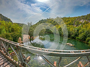 Landscape view of river Cetina from old metal bridge
