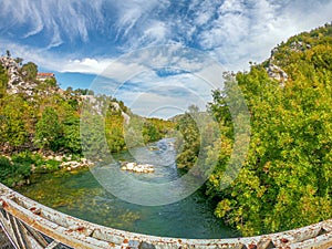 Landscape view of river Cetina from old metal bridge