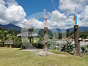 Landscape view with river and mountain background during sunny day