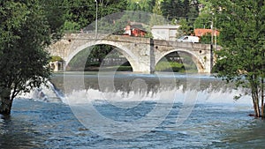 Landscape and view of the river Serio that flows along the Seriana valley. Bergamo. North Italy