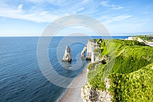 Landscape view on the rocky coastline in Etretat