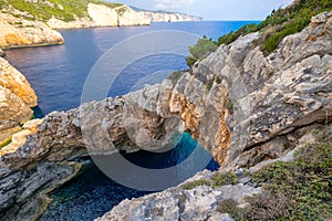 Landscape view of rocky formations and cliffs at Korakonissi, Zakynthos