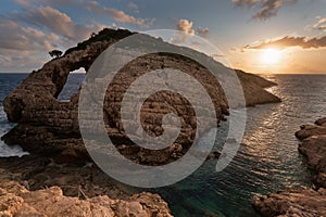 Landscape view of rocky formations Korakonisi in Zakynthos, Greece.Beautiful summer sunset, magnificent seascape.