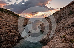 Landscape view of rocky formations Korakonisi in Zakynthos, Greece.Beautiful summer sunset, magnificent seascape.