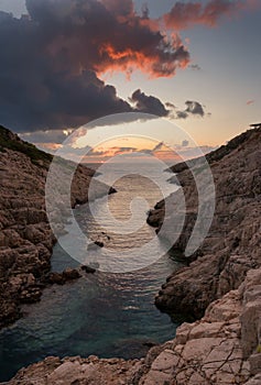 Landscape view of rocky formations Korakonisi in Zakynthos, Greece.Beautiful summer sunset, magnificent seascape.