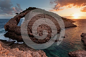 Landscape view of rocky formations Korakonisi in Zakynthos, Greece.Beautiful summer sunset, magnificent seascape.