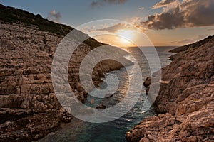 Landscape view of rocky formations Korakonisi in Zakynthos, Greece.Beautiful summer sunset, magnificent seascape.