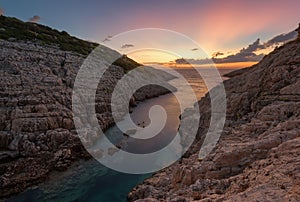 Landscape view of rocky formations Korakonisi in Zakynthos, Greece.Beautiful summer sunset, magnificent seascape.