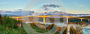 Landscape view of Saltstraumen Bridge in Nordland, Norway in winter. Scenery of transport infrastructure over a river or