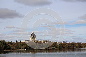 Landscape view Saskatchewan Legislature building from Wascana Lake