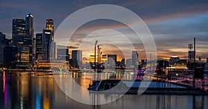 Landscape view of Singapore business district and city at twilight. Singapore cityscape at dusk building around Marina bay