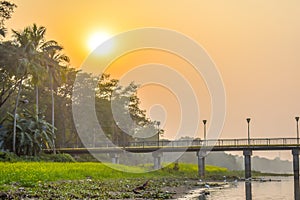 Landscape view of a small village near river bank of