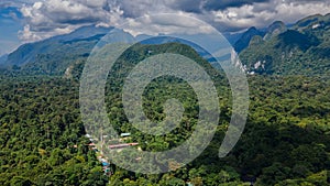 Landscape view small village at tropical forest and mountains near Gunung Mulu national park. Borneo. Sarawak.